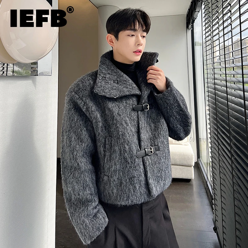 

IEFB Wool Coat Trend Men's Autumn Winter Design Thickened Grey Woolen Cloth Leather Button Stand Collar Short Windbreaker 9C2080