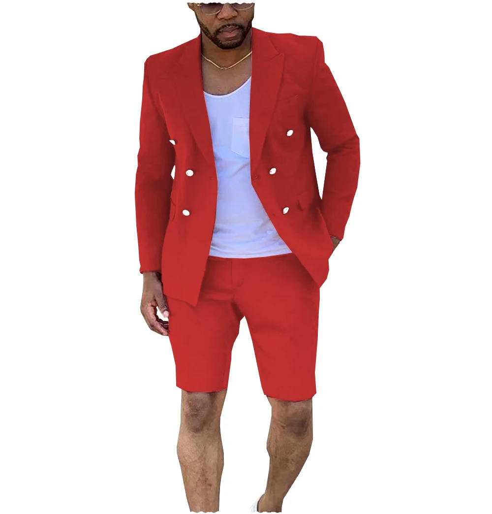 

Men's Summer Red 2 Pieces Suits One Button Formal Slim Fit Groomsmen Suit Set Best Man Prom Party Dress Blazer Shorts