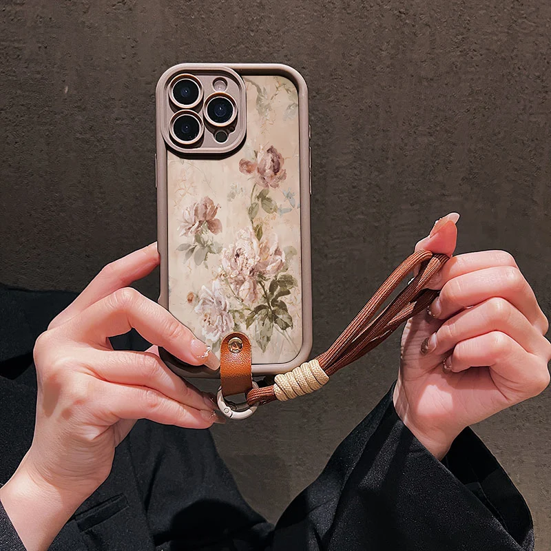 Ölgemälde-Blumenmuster Lanyard-Handyhülle für iPhone 14 15 16 17ProMax 15 14 13 Pro Plus Stoßfeste Matte Silikonhülle – Detail 6