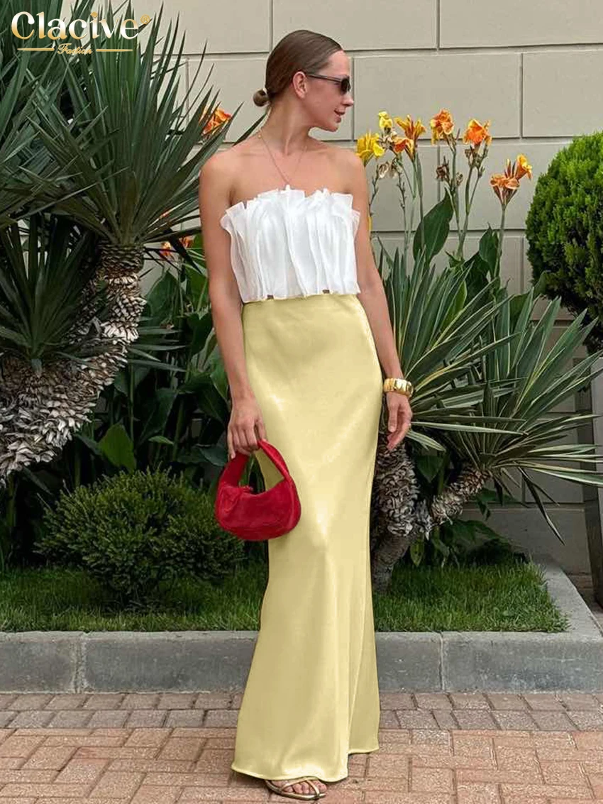 Clacive elegante amarelo cetim saia feminina 2025 casual solto cintura alta maxi saias moda simples saia roupas femininas