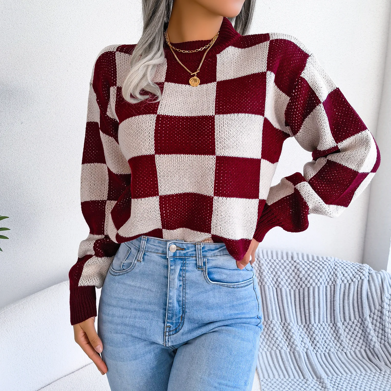 Women Fall Autumn Winter Knit Sweater Cozy Plaid Long Sleeve Crew Neck Sweater Y2K Street Date Pullover Ribbed KnittD Jumper Top