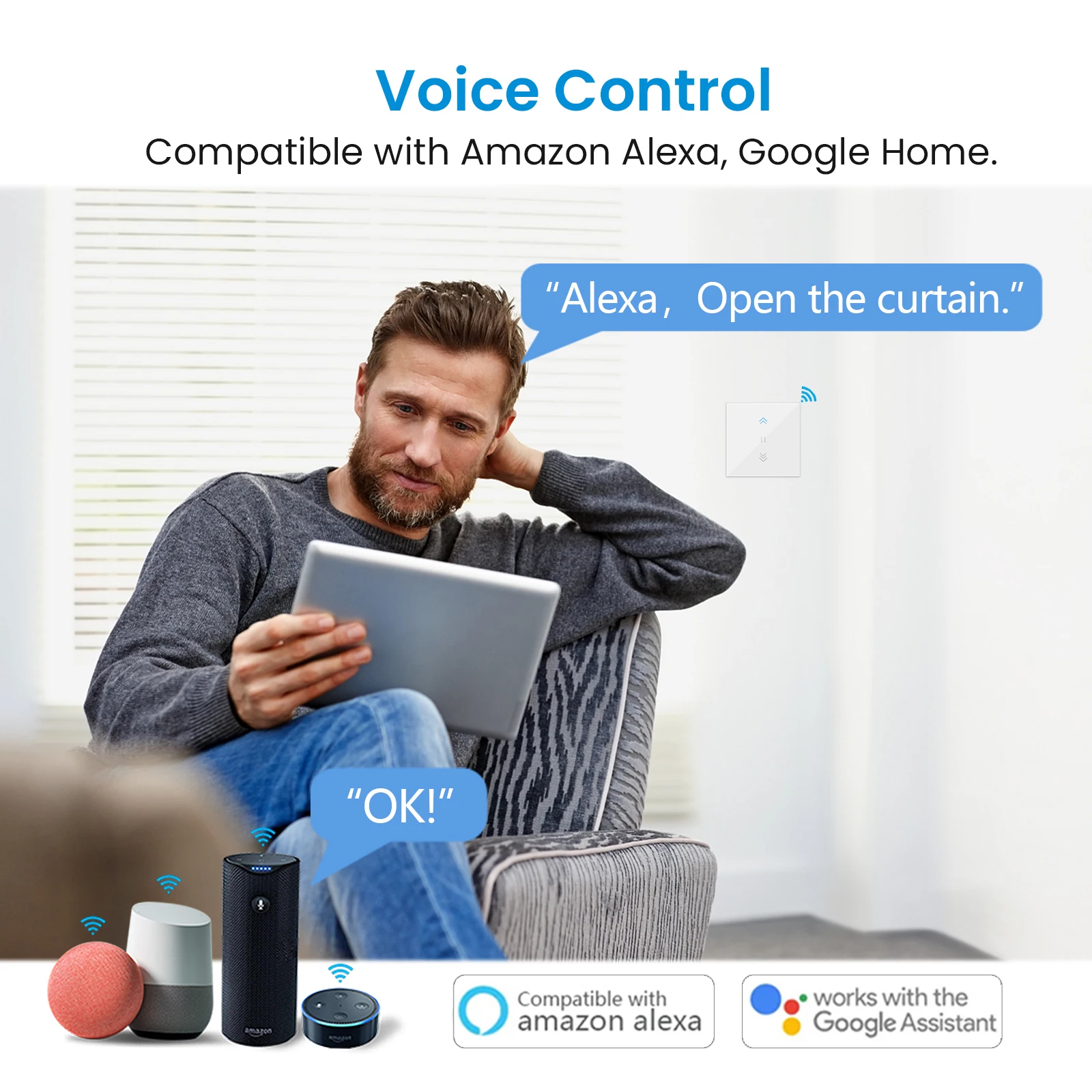 Qcsmart-カーテン用サンシェード,カーテンスイッチ,背景,wifi付き,Tuya Smart Lifeアプリケーション,Google Home,Alexa,Echo