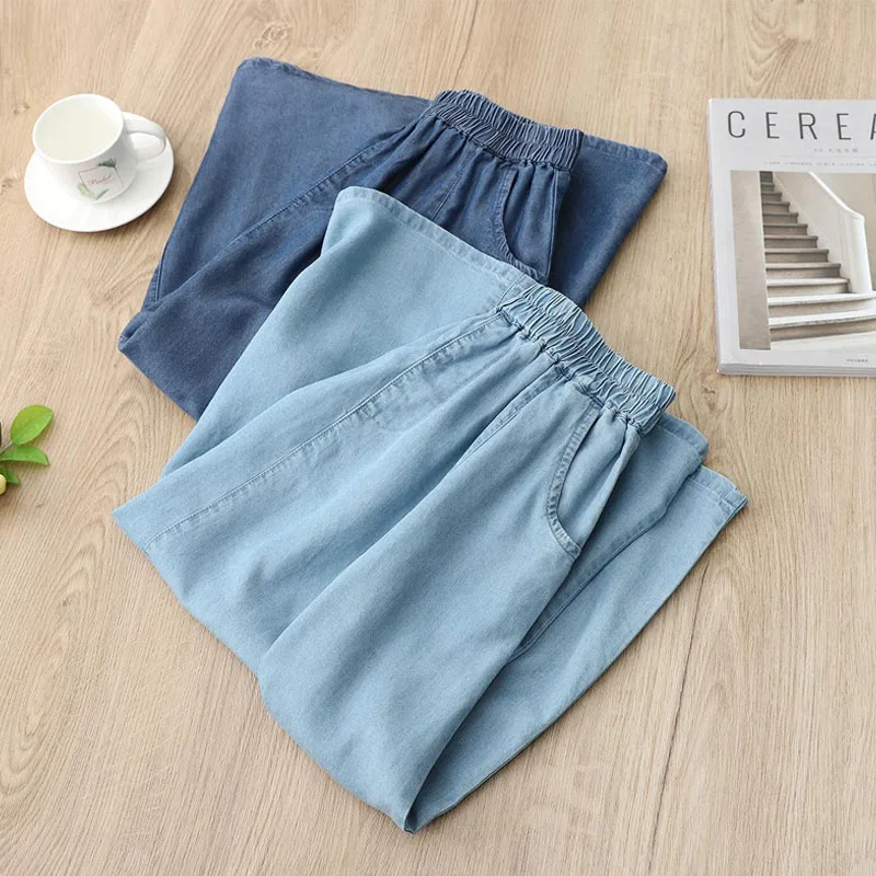 Korean Simplicity A-Line Women\'s Denim Skirt 2023 Thin Loose Casual Elastic High Waist Pockets Skirts Summer Female Clothing