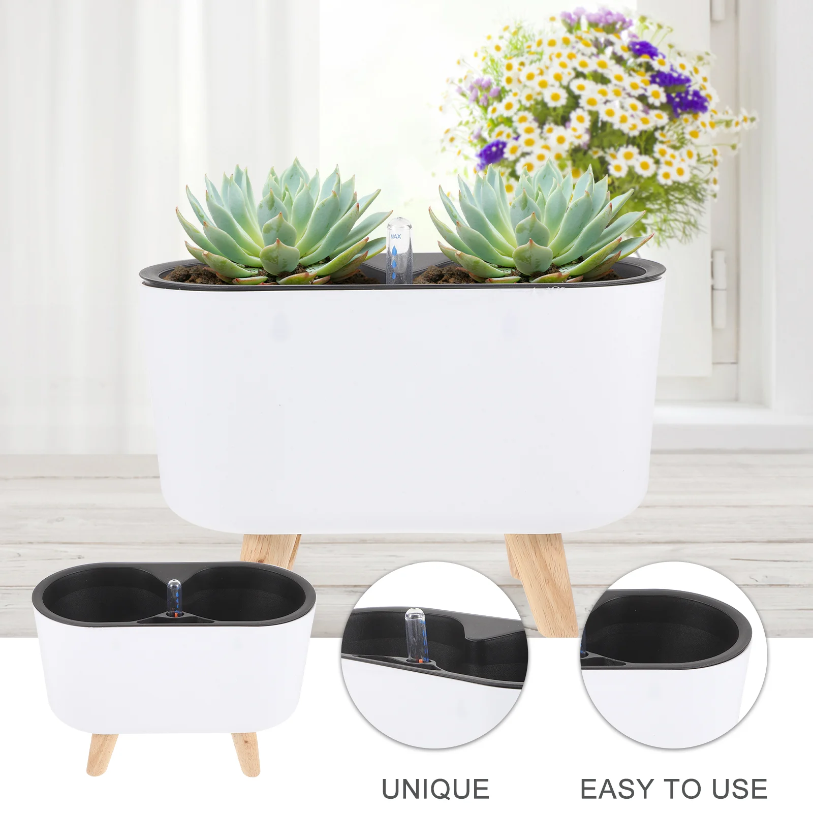 White with Legs and Water Level Gauge Planter Pots Plastic Flower Container Office