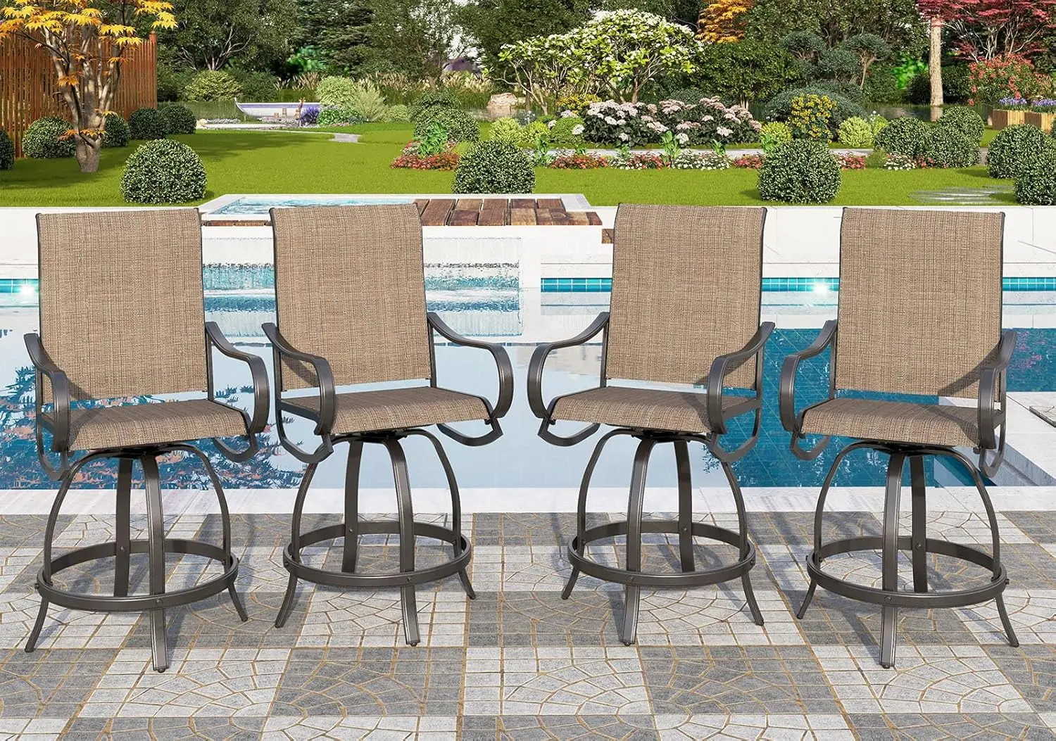 

Outdoor Swivel Bar Stools Set 4 Counter Height Patio Chairs Waterproof Fabric Brown Rustproof Metal Frame Footrest Poolside Gard