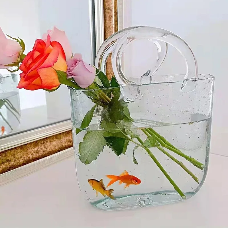 Portable Glass Flower Vase Creative Fish Tank for Goldfish Beautiful Home Desktop Decoration Practical Vase LivingRoom Decor