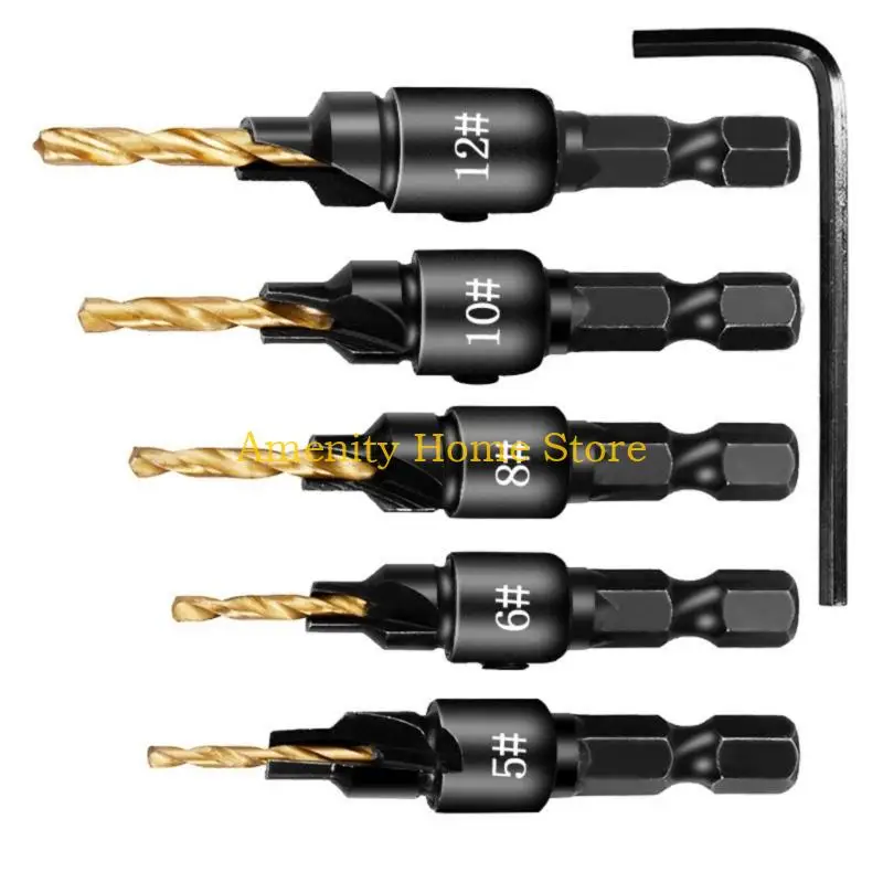 

F26C 5 Piece Countersink Drill Bits with 1/4" Shank Design For Woodworking Tools