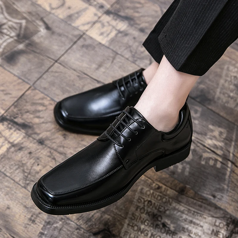 High Quality Business Men Dress Shoes Square head Male Casual Leather Shoes 2024 Lace Up Wedding Shoes Men Gentleman Derby Shoes