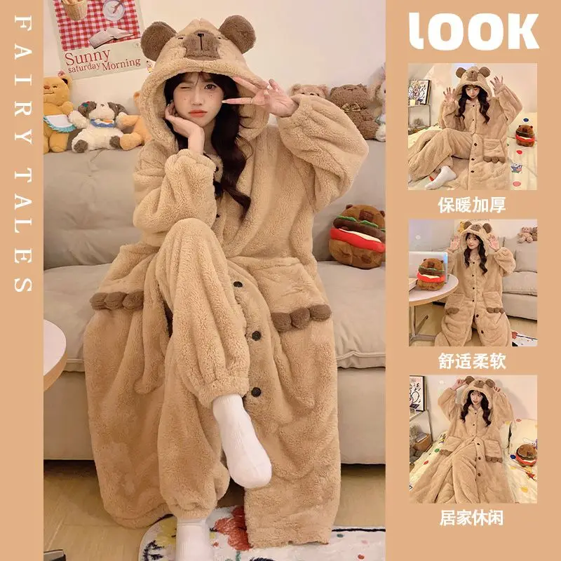 

Пижамный костюм с героями мультфильмов для девочек, зимняя мягкая теплая ночная рубашка, студенческая утепленная одежда для сна, которую можно носить в качестве верхней одежды, Pj Setkawaii, домашняя одежда