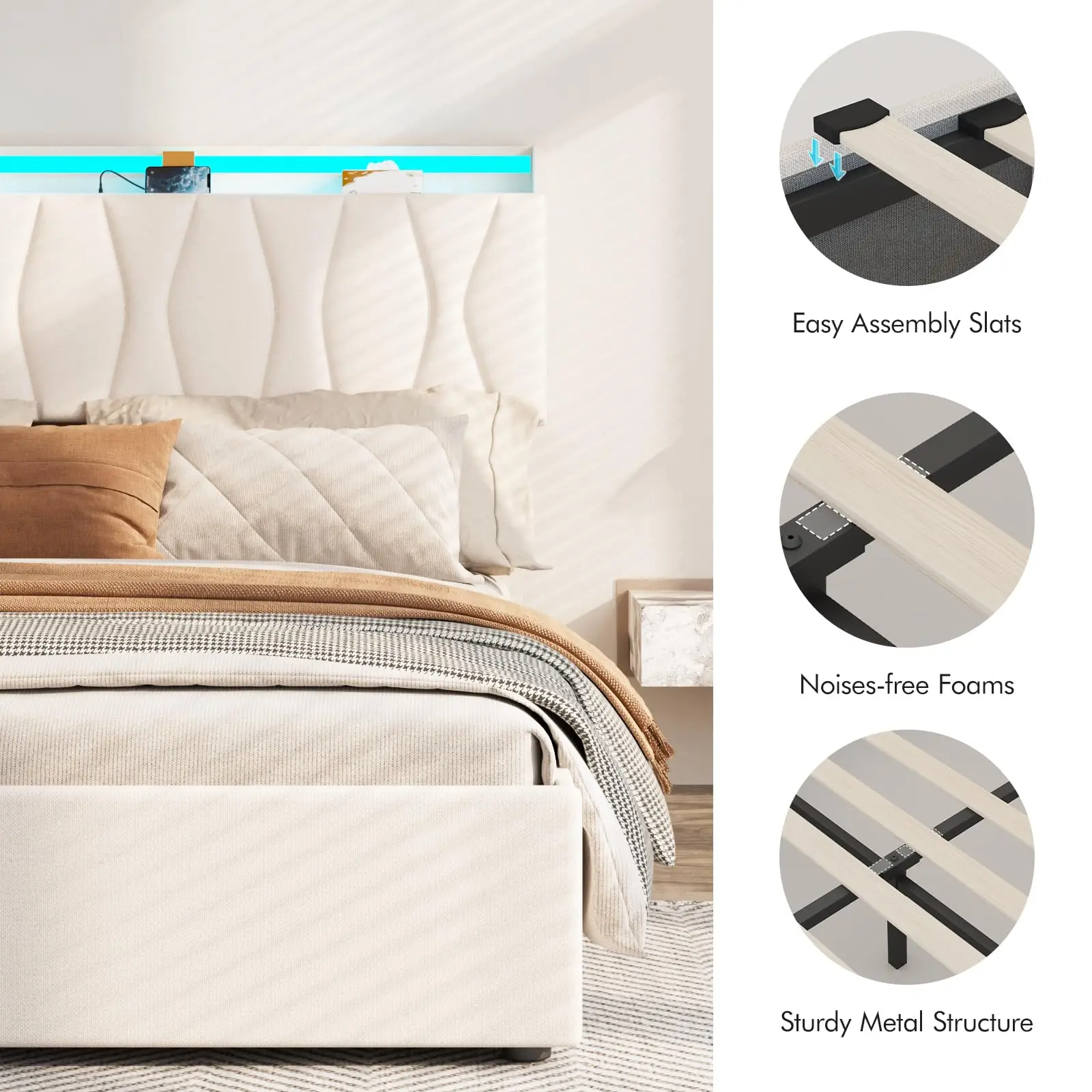 Vabches Lift Up Queen Bed Frame with Storage Headboard Upholstered Platform Bed Frame with Power Outlet&LED Lights No Box Spring image 6