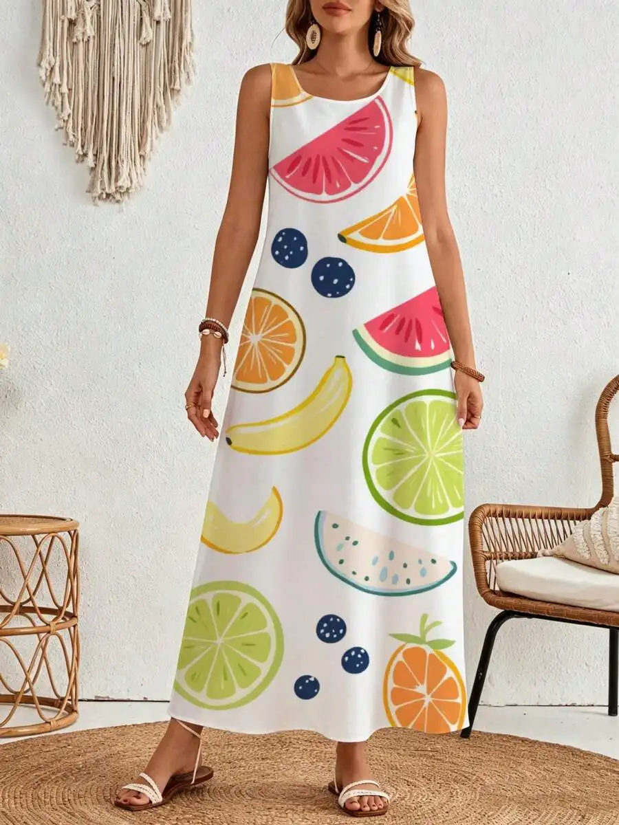 

White Fruit-Printed Sleeveless Maxi Dress For Summer Beach Getaway