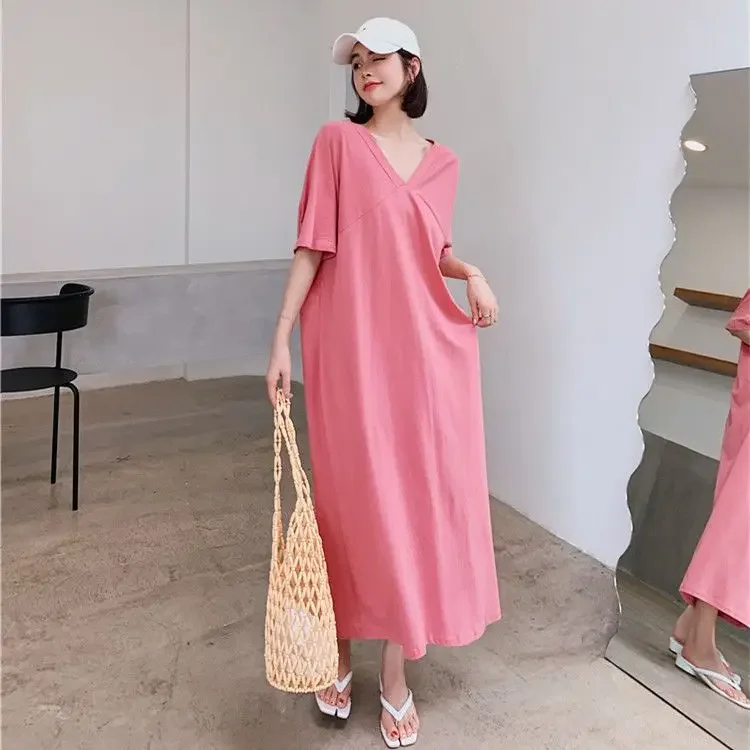 Gonna al ginocchio esposta T-shirt Gonna lunga in la carne tibetana allentata estiva è sottile scollo a V