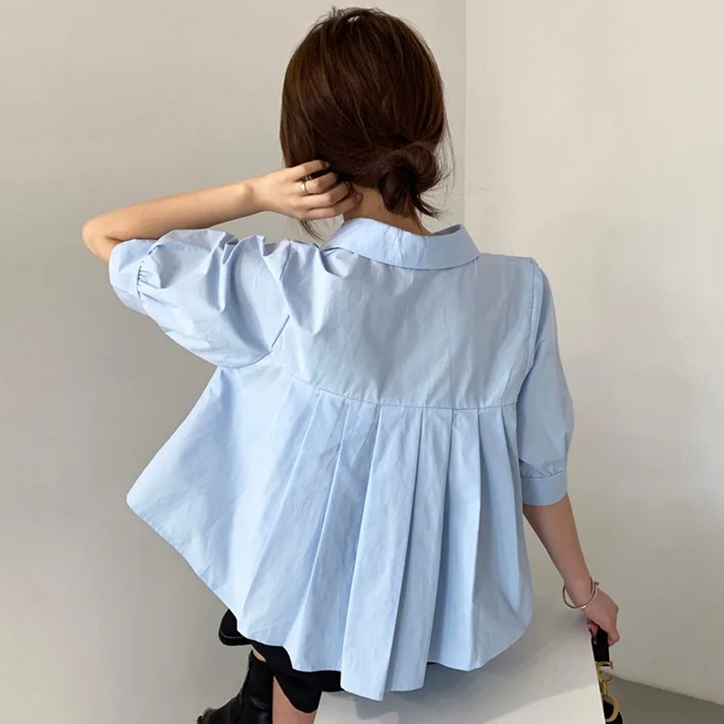 

Синяя плиссированная свободная летняя рубашка с коротким рукавом, укороченная, однотонная, на пуговицах, женская, модная