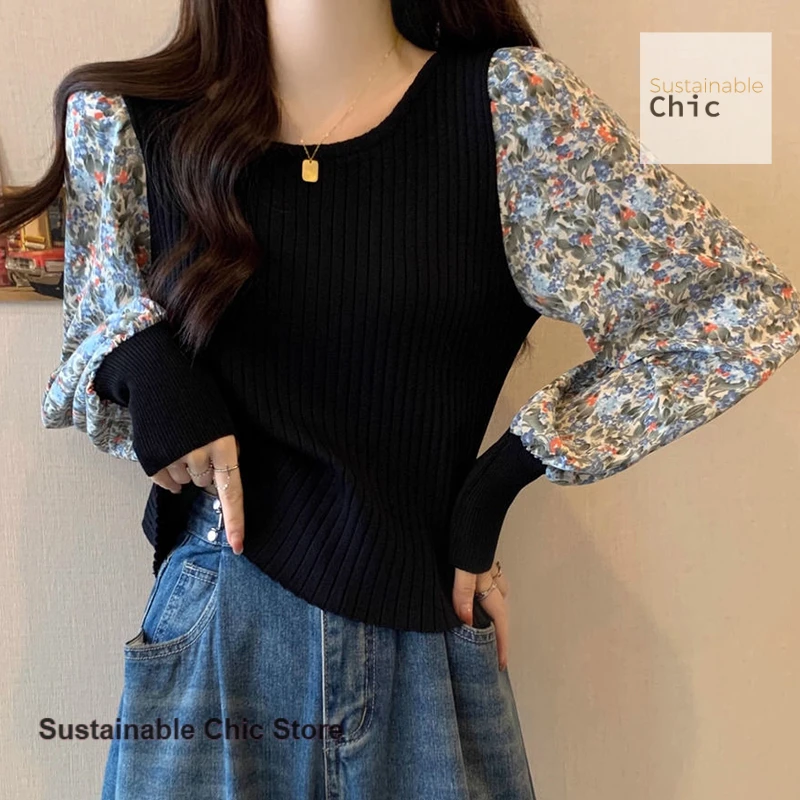 

French retro floral long-sleeved T-shirt women's spring and autumn new fashion temperament design sense knitted casual top