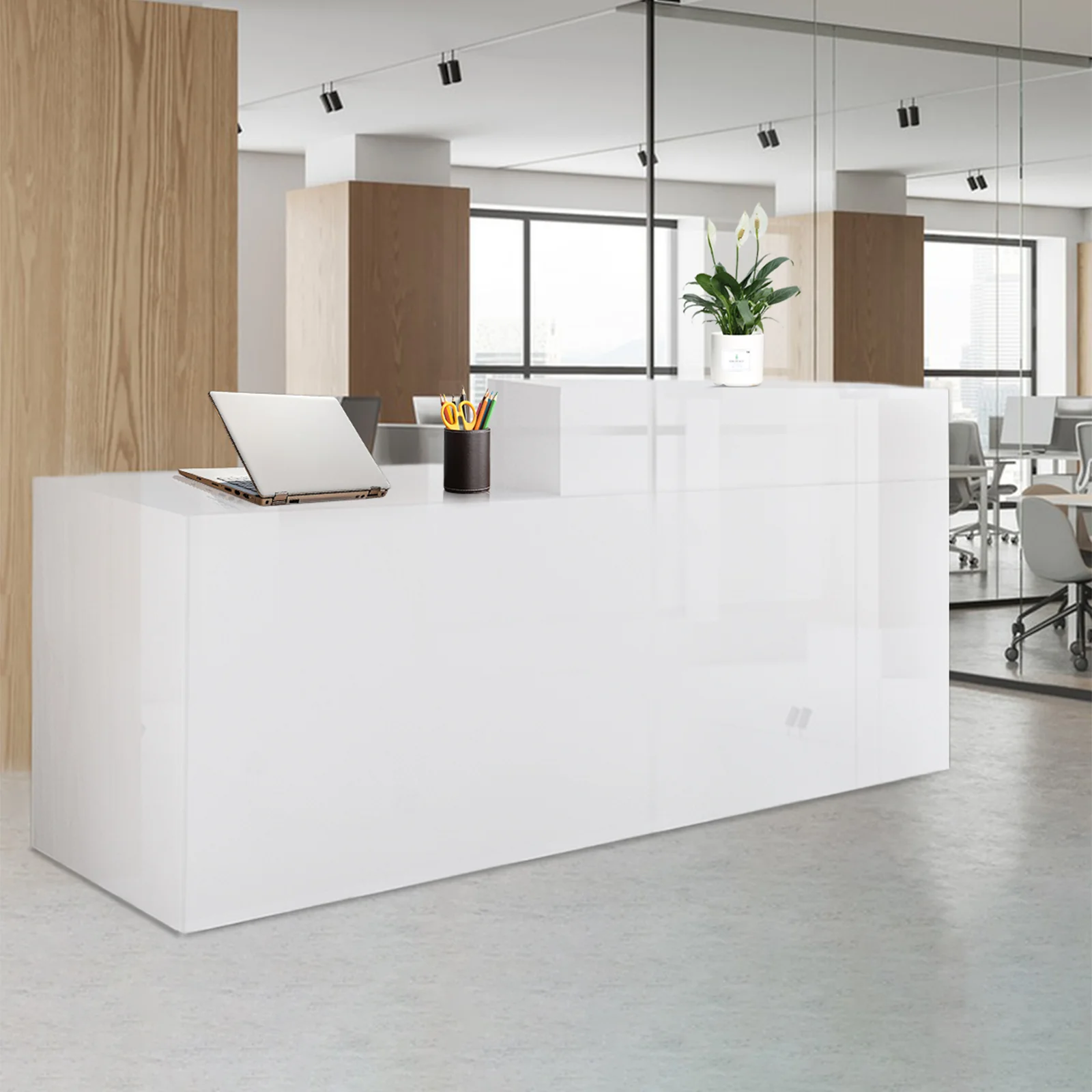 Modern Reception Desk with Lockable Drawer, File Cabinet & 4 Storage Compartments Front Desk Reception Counter, Made of Multi