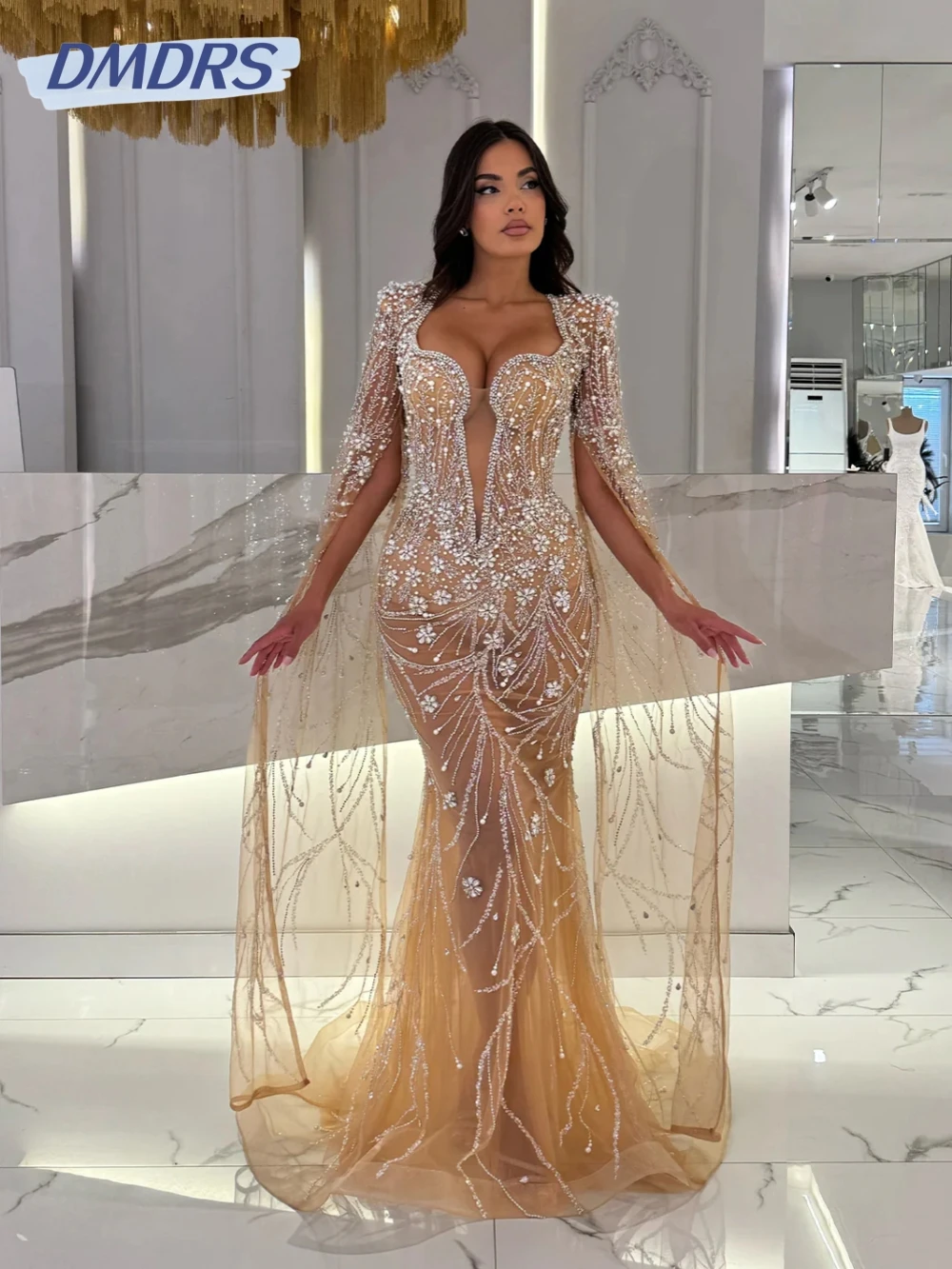 

Exquisite Pearls Crystal Mermaid Evening Dress For Women Illusion Cape Sleeve Wedding Party Gown Customized Dreamy Prom Dresses