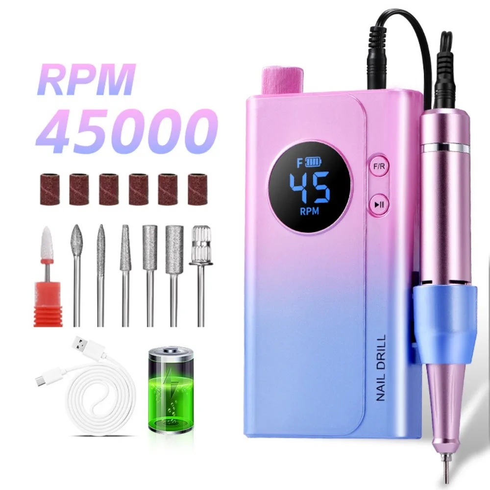 Elektryczna, przenośna frezarka do paznokci 45000 obr./min, akumulatorowa, do paznokci żelowych, przenośna pilnica do paznokci, narzędzia do manicure do użytku domowego i salonowego.