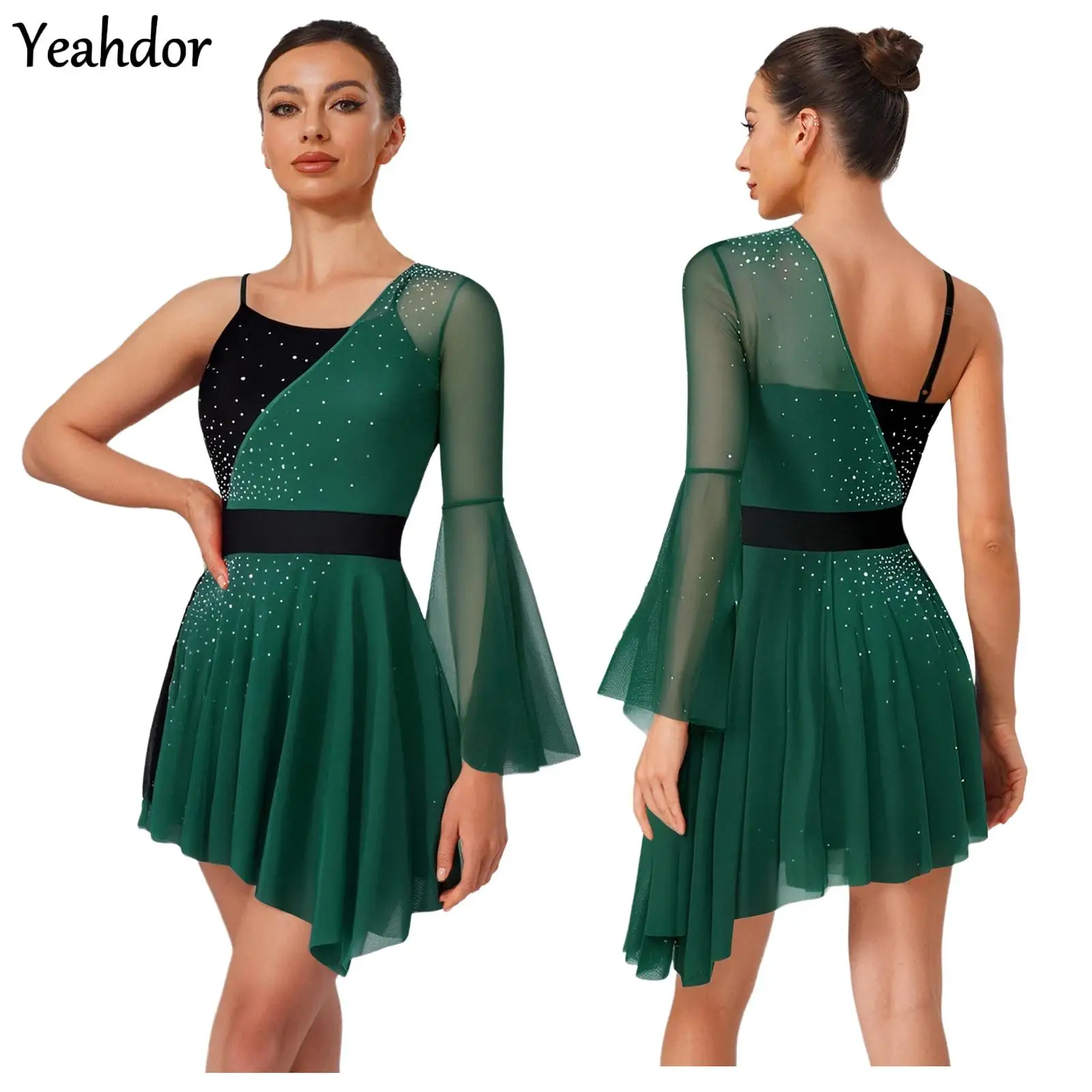 

Women Rhinestone Gymnastic Ballet Leotard Dress Sheer Mesh One Shoulder Flare Sleeve Modern Lyrical Dance Figure Skating Costume