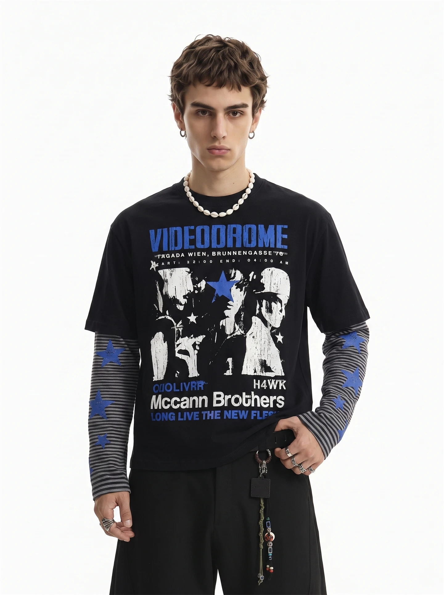 American High Street Vintage Striped Long Sleeve T-Shirt Men's Wide Short Body Printed Fake Two-Piece Cultural Apparel