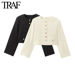 TRAF Women Fashion Autumn New Casual Jacket Round Neck Long Sleeved Single-breasted Pocket Short Coats Chic Ladies Tops Mujer