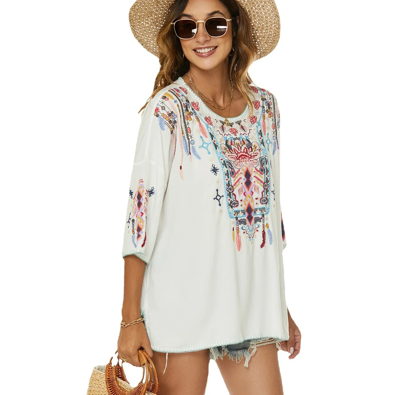 Boho Vintage White Ethnic Floral Embroidery Blouses Shirts Women Tops Casual V Neck Loose Blouse Summer Beach Blusas