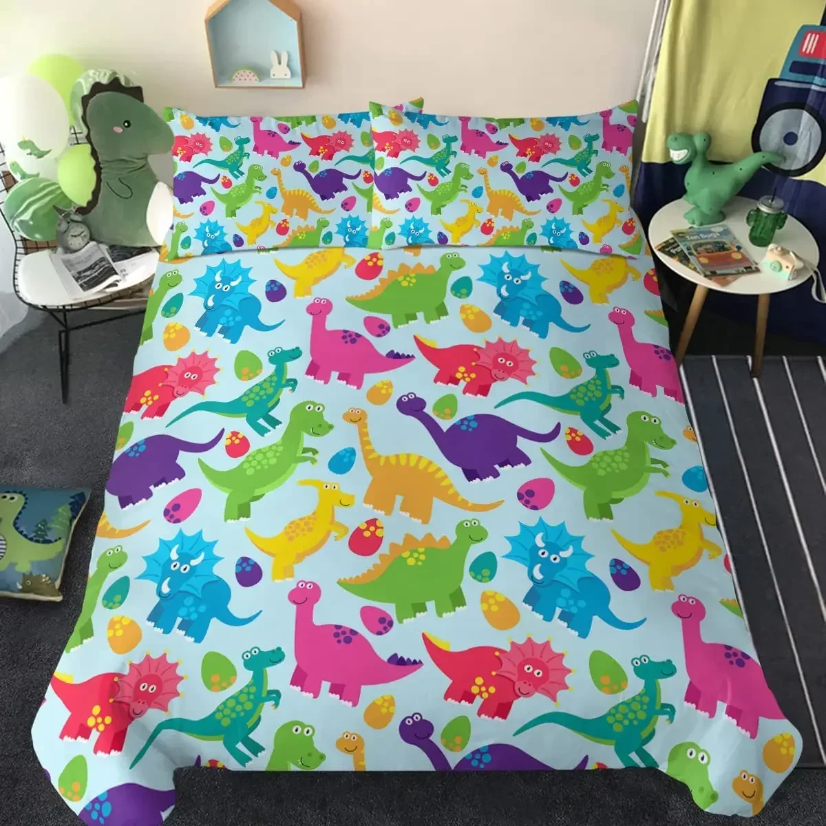 Dinosaur Print Duvet Cover Set for Twin Size Boys Cute Ancient Animal Bedding Set Hand Drawn Dino Cartoon Polyester Quilt Cover