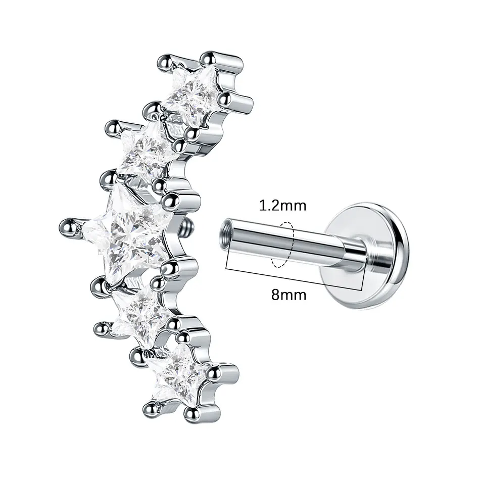 1PC  Curved Star Zircon Stud Earring for Women Internally Threaded Ear Cartilage Helix Tragus Piercing Jewelry
