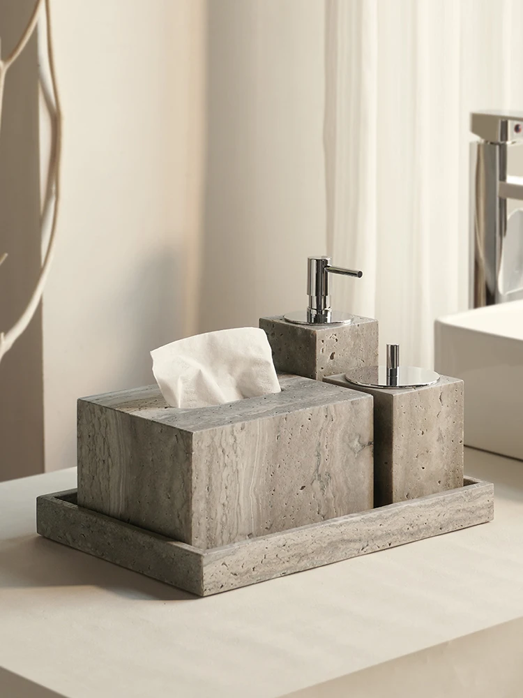 Travertino Grigio Bathroom Set Antique Natural Marble Soap Dispenser Reed Diffuser Soap Holder Tray Bathroom Accessories