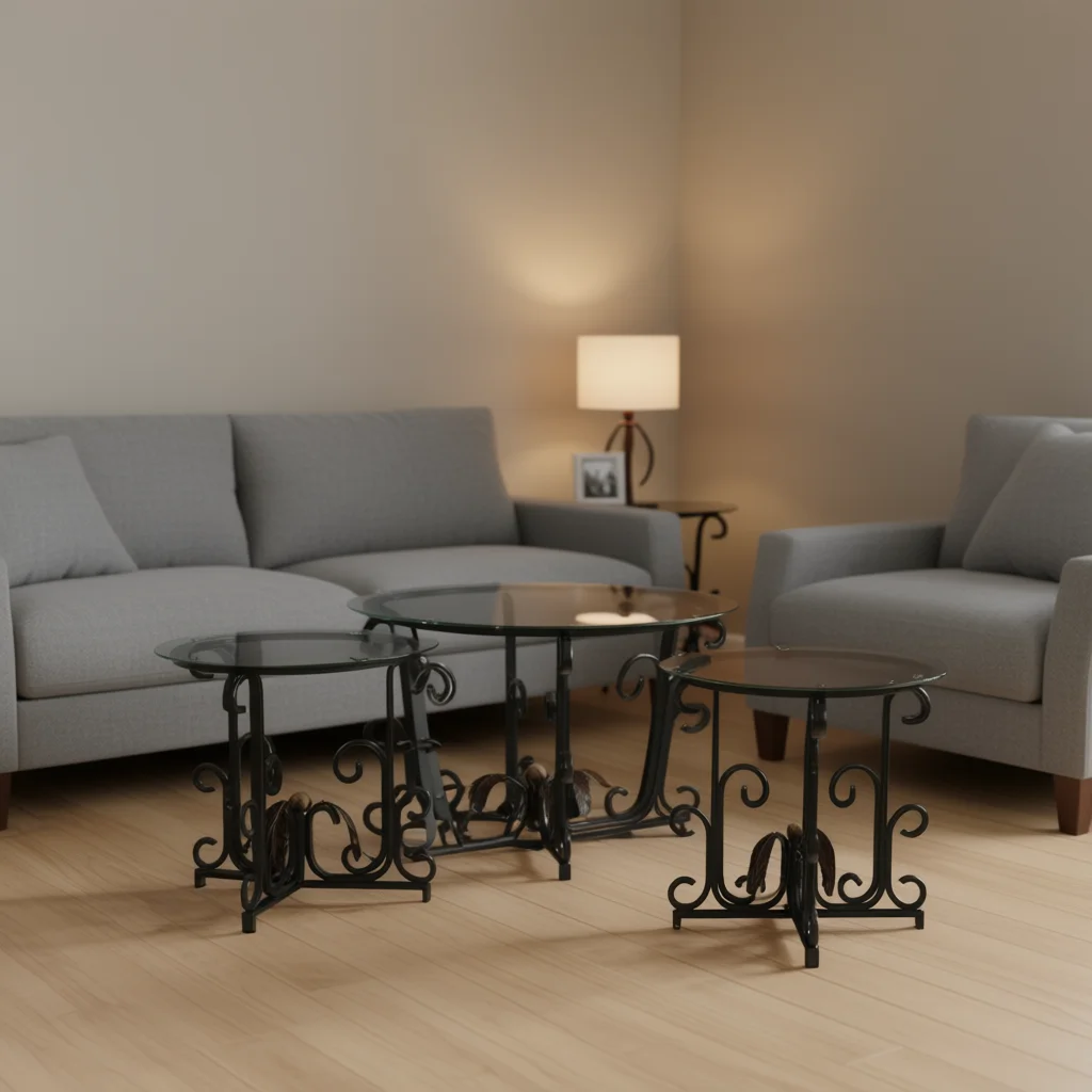 Modern black three-piece coffee table set tempered glass metal frame