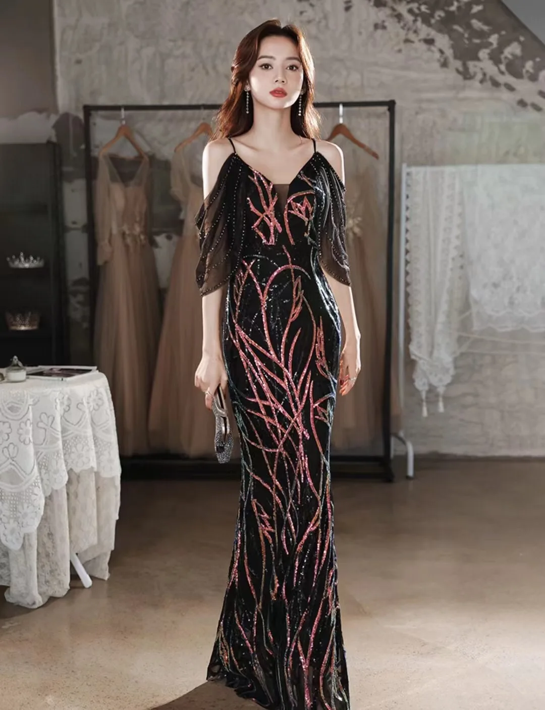 

2022 Evening Dress Mermaid Spaghetti Strap Black Normal Bridal Party Dresses For Celebrity