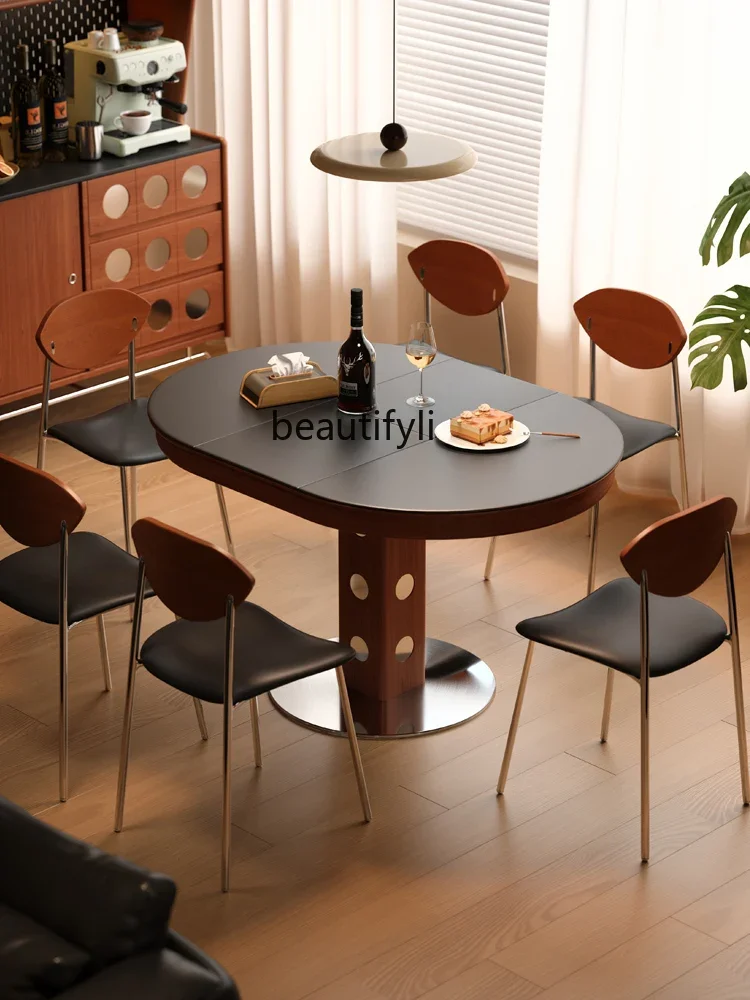 

zq1New French retro solid wood retractable dining table oval folding round table household small apartment table