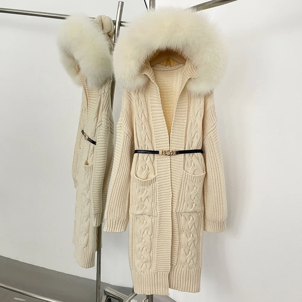 Maglieria donna primavera vera pelliccia cappotto autunno cappotto lavorato a maglia vestiti moda cintura maglione cardigan femminile giacca con cappuccio vera pelliccia di volpe