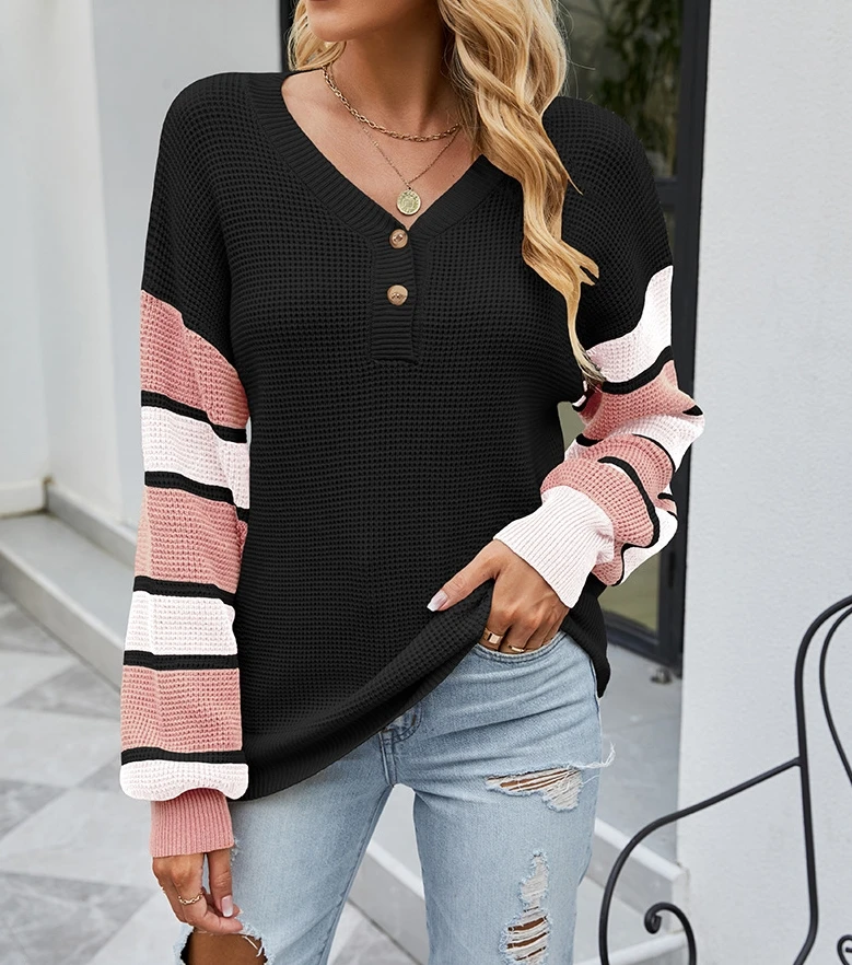 Mode lässig gestrickte Pullover Laterne Ärmel gestreiften Knopf V-Ausschnitt Pullover Damen lose Pullover Pullover Streetwear