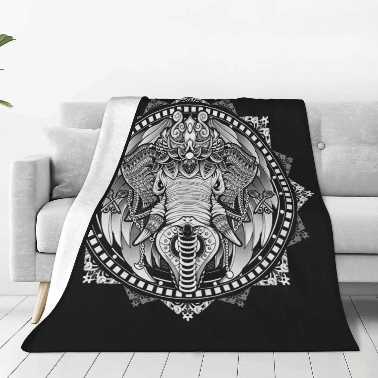 Elephant Blanket Soft Warm Travel Portable Blanket Elephant Mandala Tattoo Snake Ornate Ornament Sacred Symbol Awesome Black