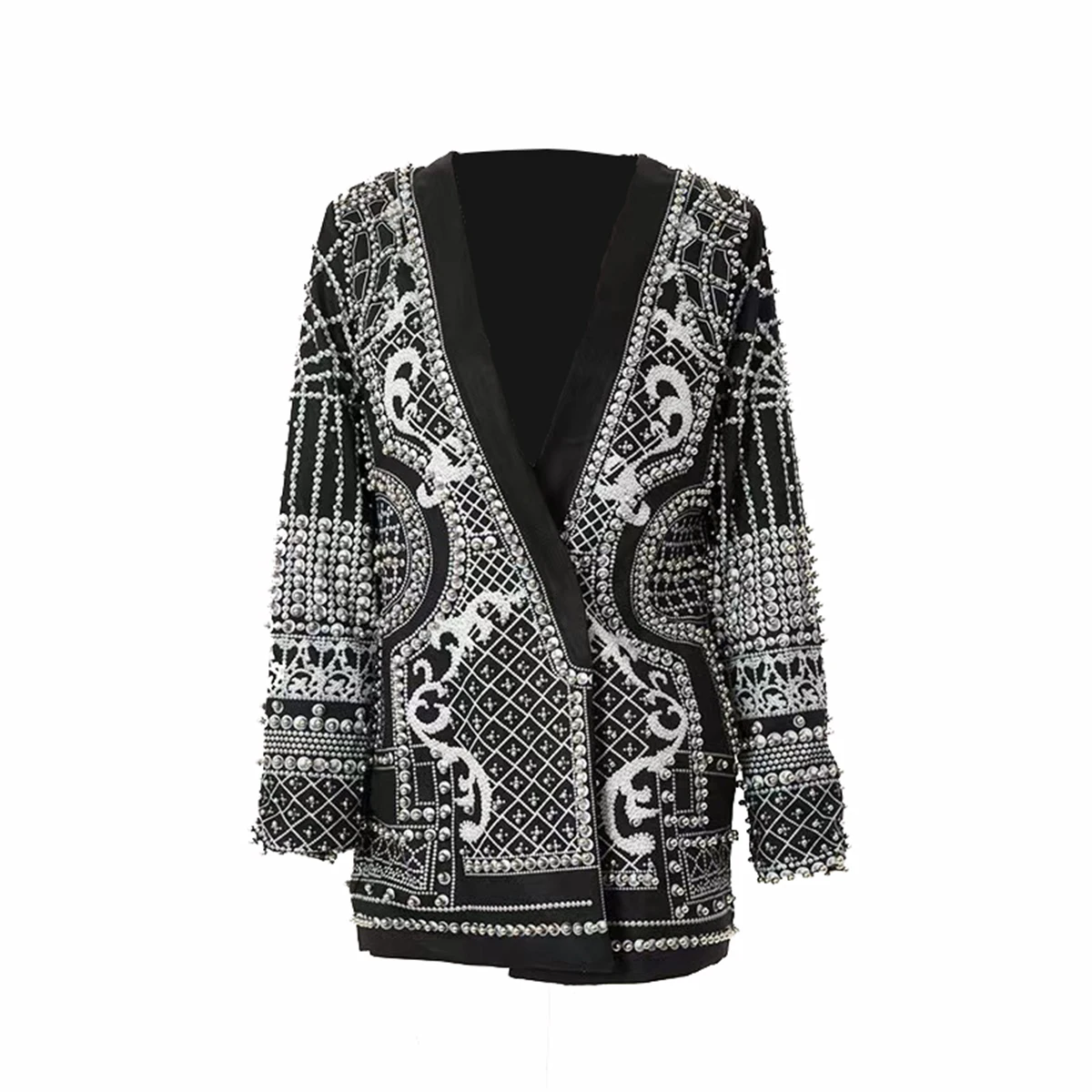 

Women's Patchwork Embroidered Flares Blazer Fashion Printed V-Neck Beaded Small Suit Long Sleeve Nail Loose Suit Jacket