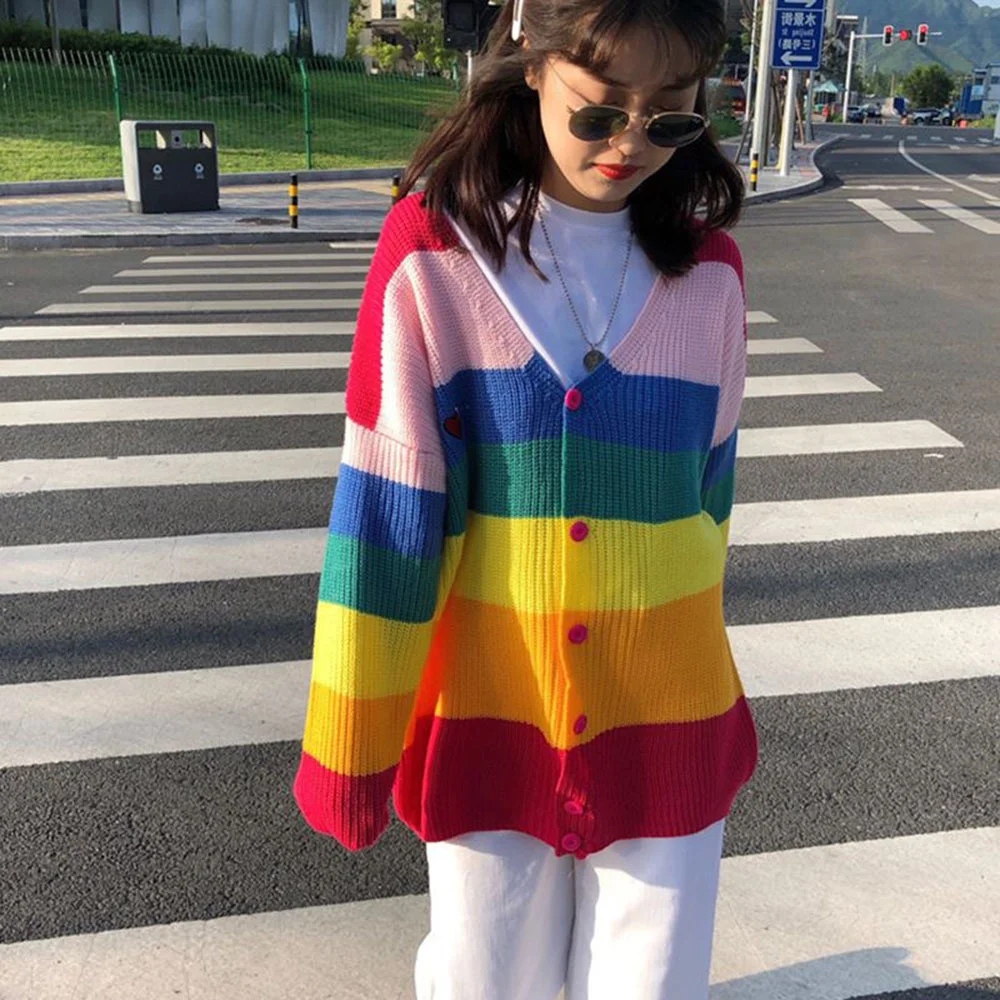 Autumn Spring Harajuku Knit Cardigan Women Striped Rainbow Sweater Coat Female Loose Sweaters Letter Embroidery Jumper Cardigans