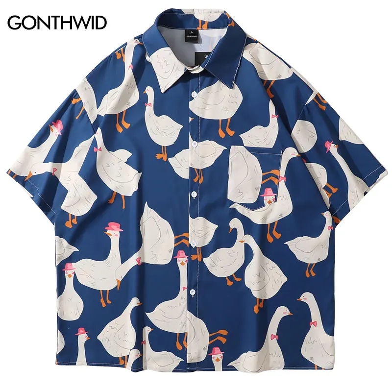 Summer Hawaiian Shirts Funny Retro Duck Print Short Sleeve Pocket Tropical Beach Shirts Harajuku Fashion Loose Button Up Shirt