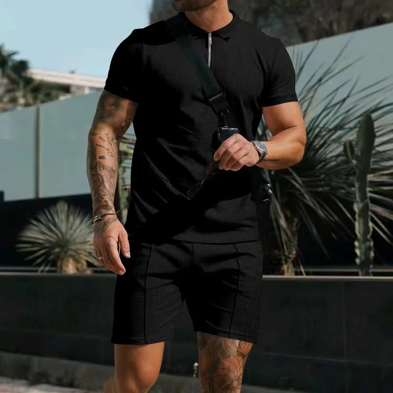 Męski dres 2-częściowy zestaw Waffle V-neck Zipper Short Sleeve T Shirt And Shorts Summer Casual Fashion Sport Suit Odzież męska