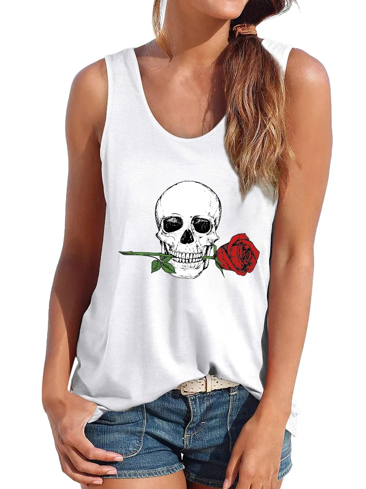 Seeyoushy Skull Rose Print Funny Women Tank Tops Summer Skulls Tee Shirt Vintage Crew Neck Y2k Women 2023 90s Tops Clothes Femme