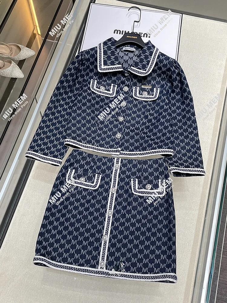 

Miumem High-End Women's Faion Set Autumn Plaid Stand Collar Denim Jaet Skirt Long Sve Button Closure Polyester Fiber