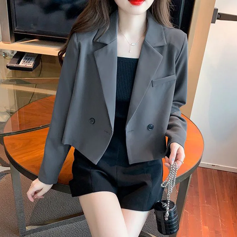 Fashion Long Sleeve Cropped Blazers Women Autumn Single-Button Solid Color Blazer Woman All Match Office Suit Jacket Female