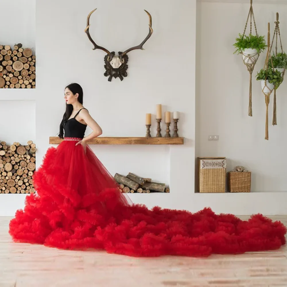 Saia de tule feita sob medida com cauda longa, babados vermelhos, saias de noiva para casamento, sessão de fotos, cintura elástica, adereços de saia de noiva