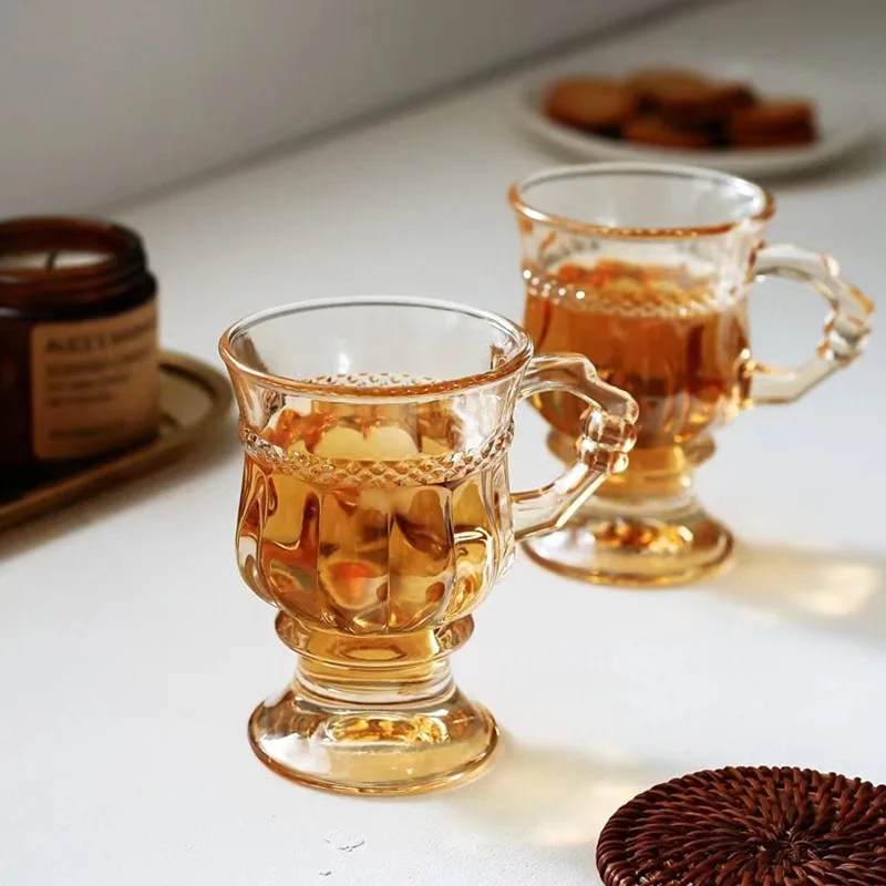 Simple retro relief European water cup tall glass, souvenir amber creative ins glass coffee cup