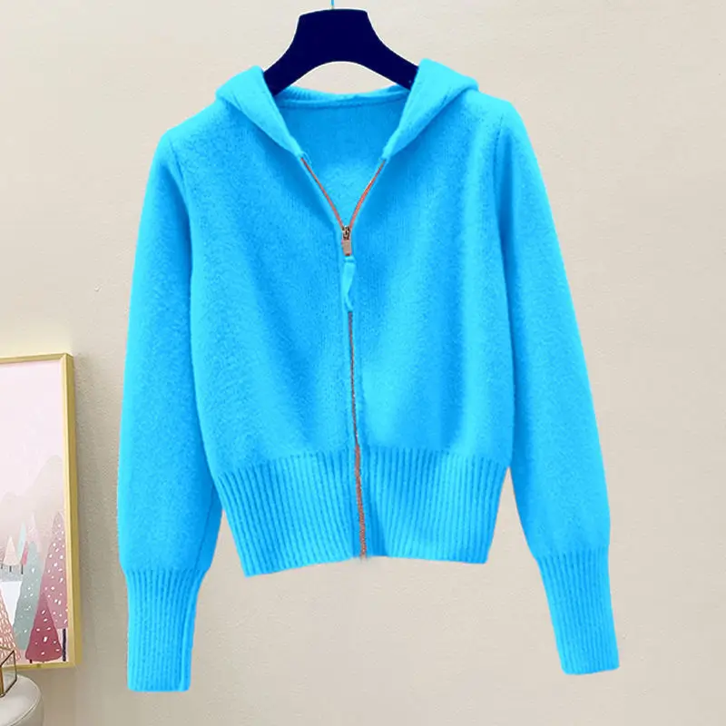 Women Cardigan 2023 Fashion Vintage Hooded Knitted Cardigan Sweater Chic Long Sleeve Zippers Blue Cardigan Tops