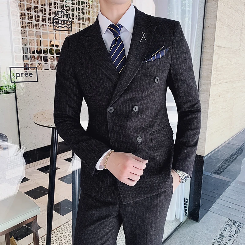 (Blazer+Pants+Vest) Men\'s Suit 3 Piece Lapel Double Breasted Slim Fit Casual Business Dress Suits Wedding Tuxedo Casual Jacket