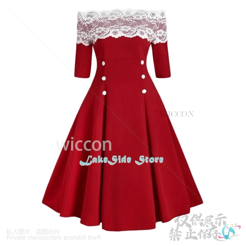 Anime Christmas Cosplay Costume Off Shoulder Lace Spliced Dress Red Lolita Xmas Halloween Party New Year Clothes Role Play