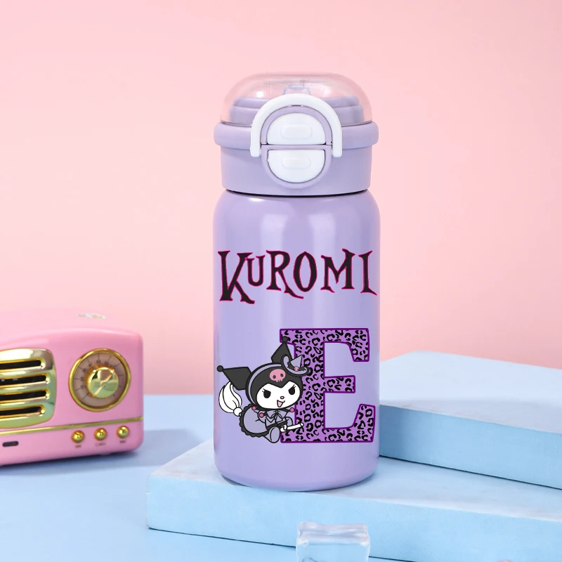Kuromi Thermos 500ml niñas invierno Anime letra A-Z botella de agua con pajita niños al aire libre taza de vacío mujeres Oficina taza de café regalo