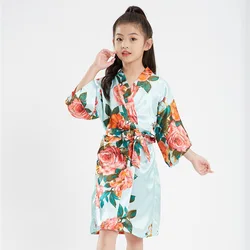 Children Silk Satin Bathrobe Girls Floral Kimono Bath Robes Kids Summer Print Pajamas Towel Robe For Birthday Party Spa Wedding