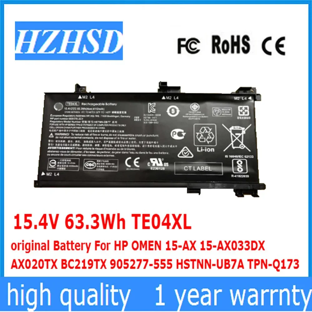 

15.4V 63.3Wh TE04XL original Battery For HP OMEN 15-AX 15-AX033DX AX020TX BC219TX 905277-555 HSTNN-UB7A TPN-Q173