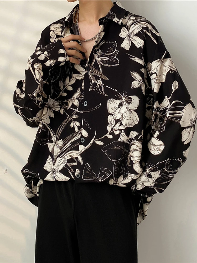 

Vintage Floral Baroque Shirt Men's High-Grade Suit Long Sleeves Inner Wear Chiffon Cuban Collar Shirt T-shirt Polo Shirt